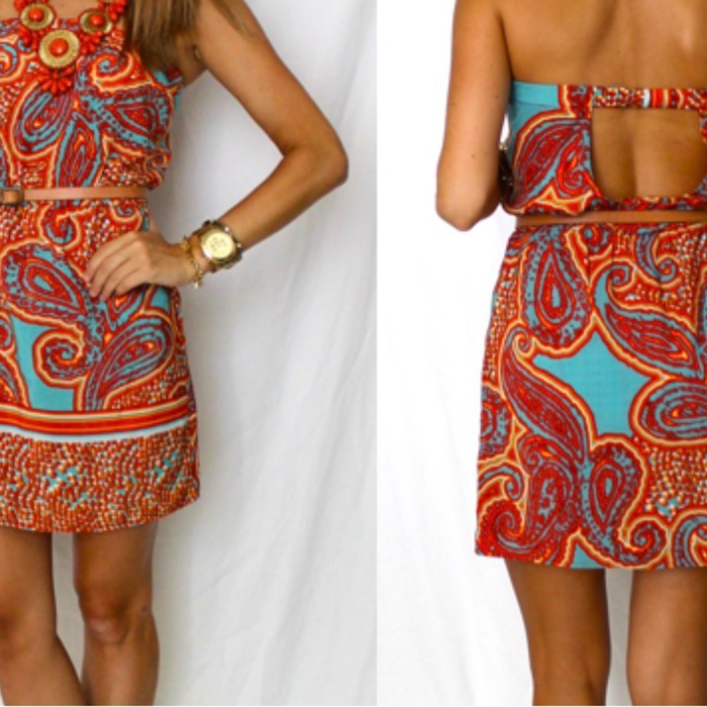 Glam Red and Blue Backless Paisley Dress